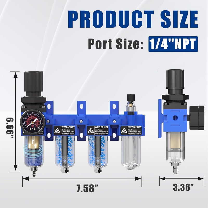 ATINY 1/4"NPT Air Filter Regulator Lubricator Combo, Air Regulator and Water Separator,Air Compressor Water Separator,5 Micron Brass Filter Cartridge,Double Desiccant Dryers-Blue - Image 2